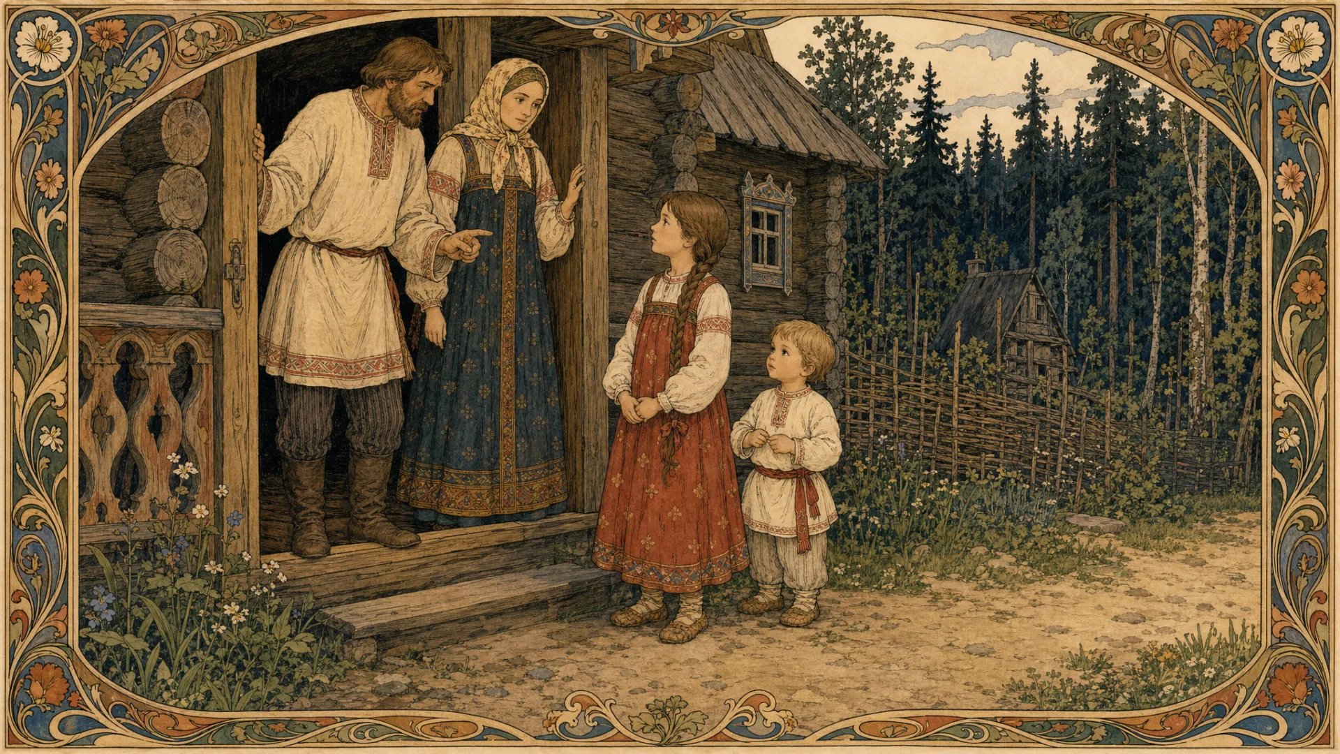 Иллюстрация к сказке «Гуси лебеди»: Жили старичок со старушкою; у них была дочка да сынок маленький.