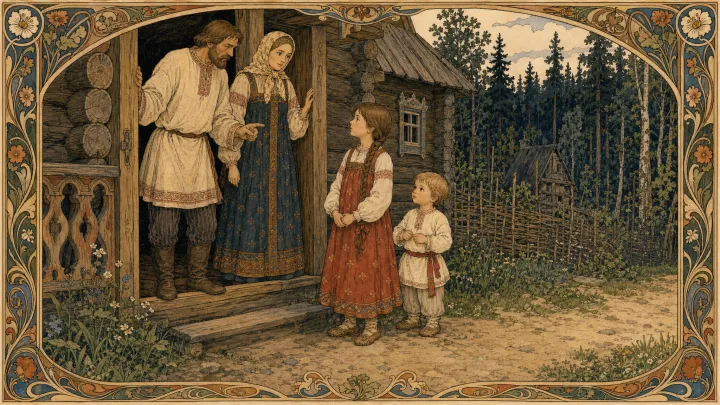 Иллюстрация к сказке «Гуси лебеди»: Жили старичок со старушкою; у них была дочка да сынок маленький.