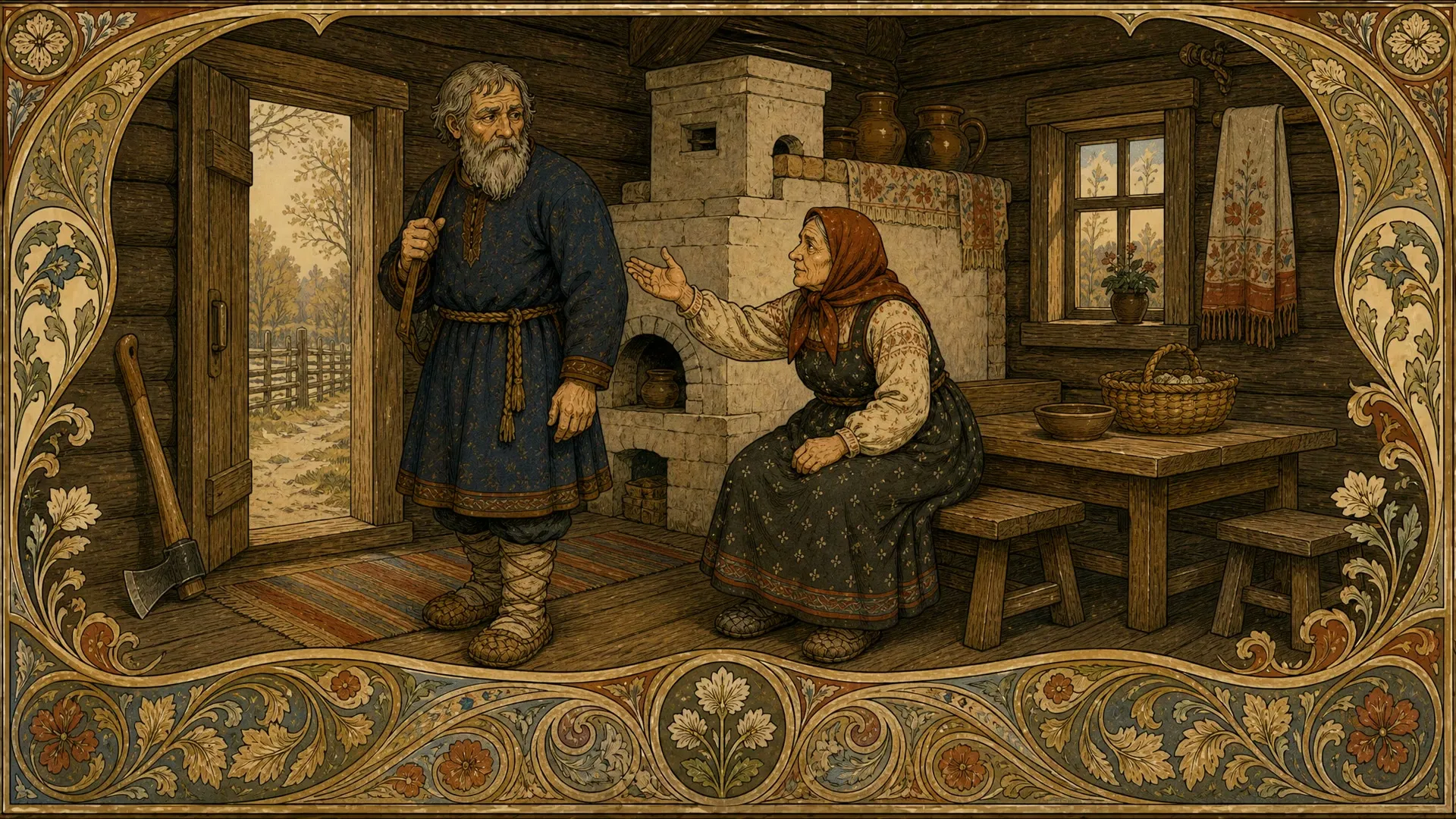 Иллюстрация к сказке «Медведь»: 0:00 opening narration, “дете́й у них не́ было”; recovered from pre-repair storyboard frame at 1.0s