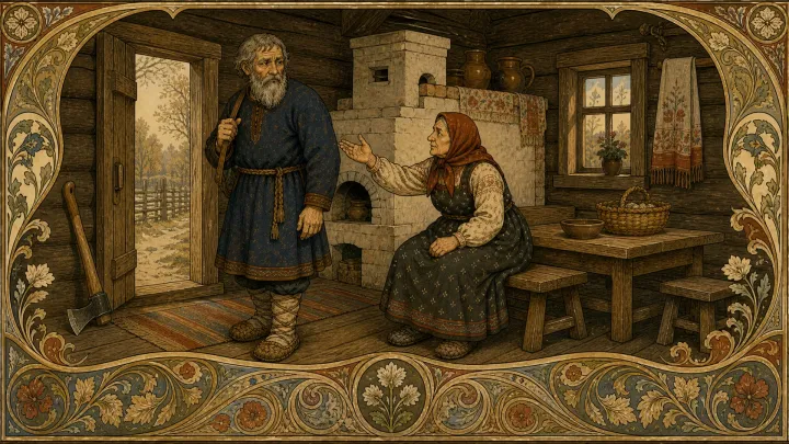 Иллюстрация к сказке «Медведь»: 0:00 opening narration, “дете́й у них не́ было”; recovered from pre-repair storyboard frame at 1.0s