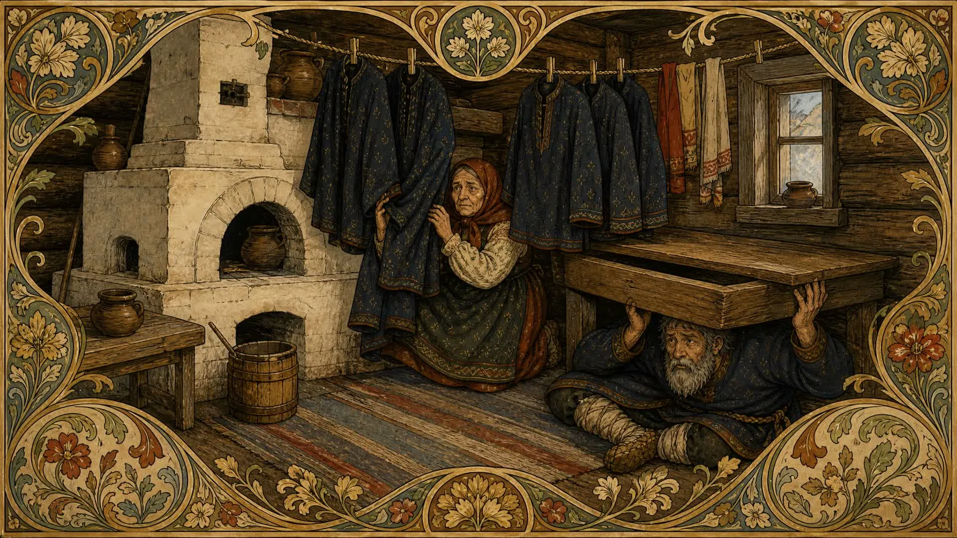 Иллюстрация к сказке «Медведь»: old couple hide before the bear enters