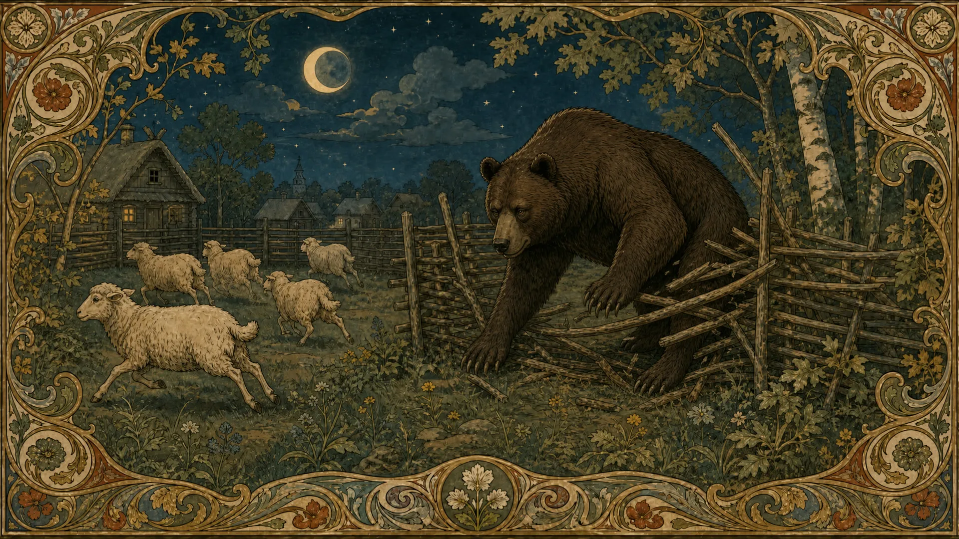 Иллюстрация к сказке «Медведь»: bear comes to the sheepfold at night