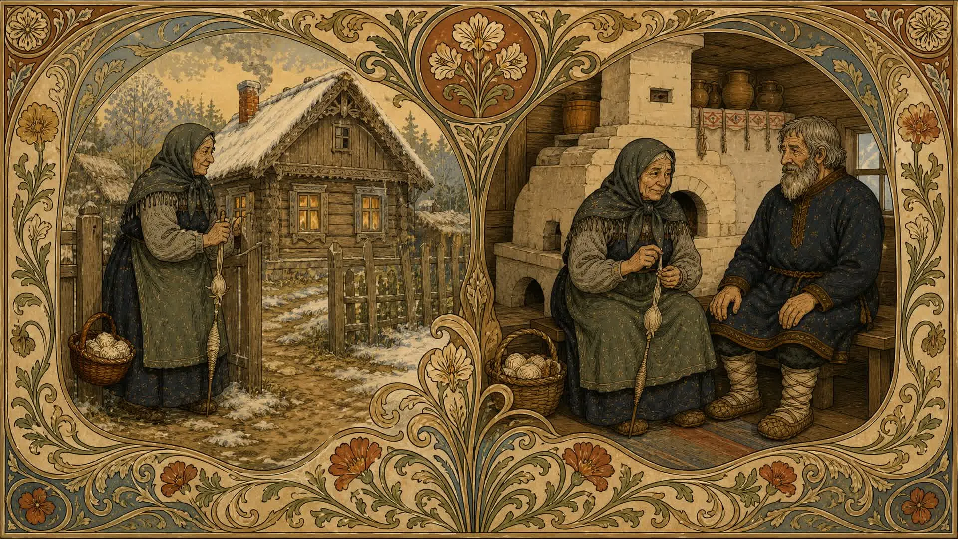 Иллюстрация к сказке «Медведь»: final domestic resolution with the old woman sheltered with her brother