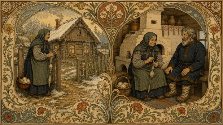 Иллюстрация к сказке «Медведь»: final domestic resolution with the old woman sheltered with her brother