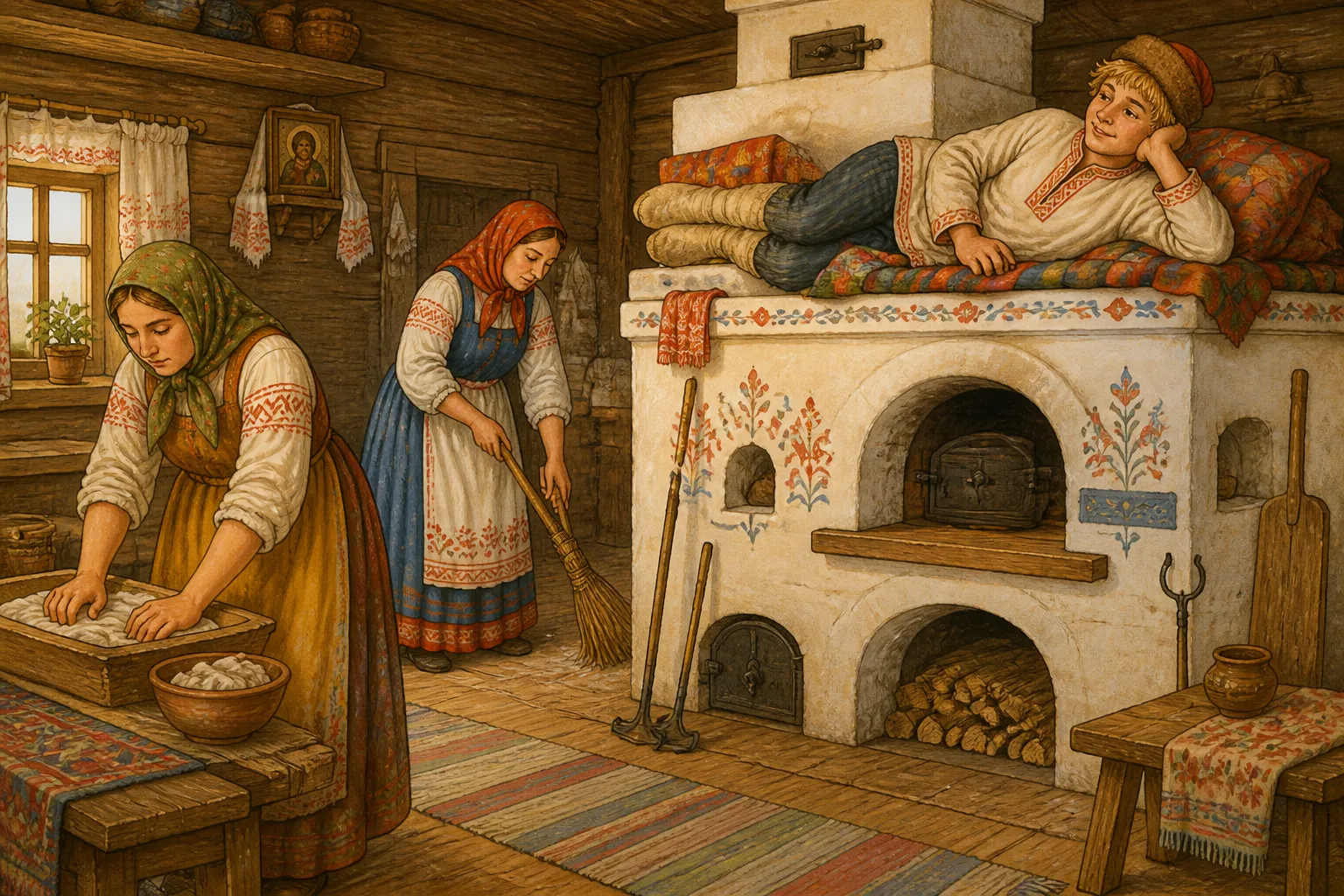 Иллюстрация к сказке «По щучему веленью»: Два старших брата работают, а Емеля весь день на печке лежит...
