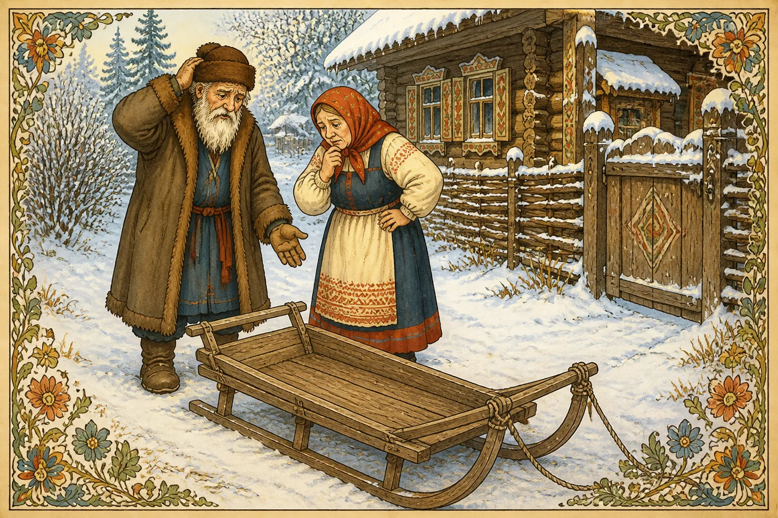 Иллюстрация к сказке «Лисичка-сестричка и волк»: смотрит: ни рыбы, ни воротника.