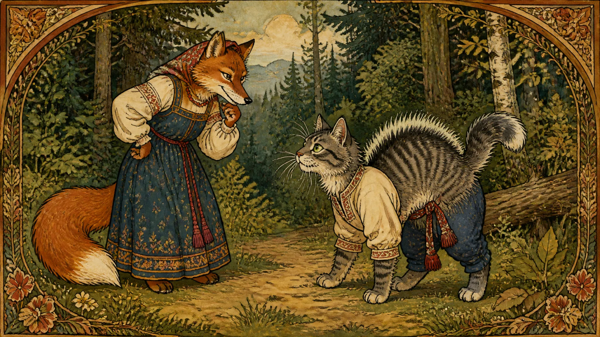 Иллюстрация к сказке «Кот и лиса»: 30.36-45.00s: Однажды встретила его лиса... Кто ты таков?