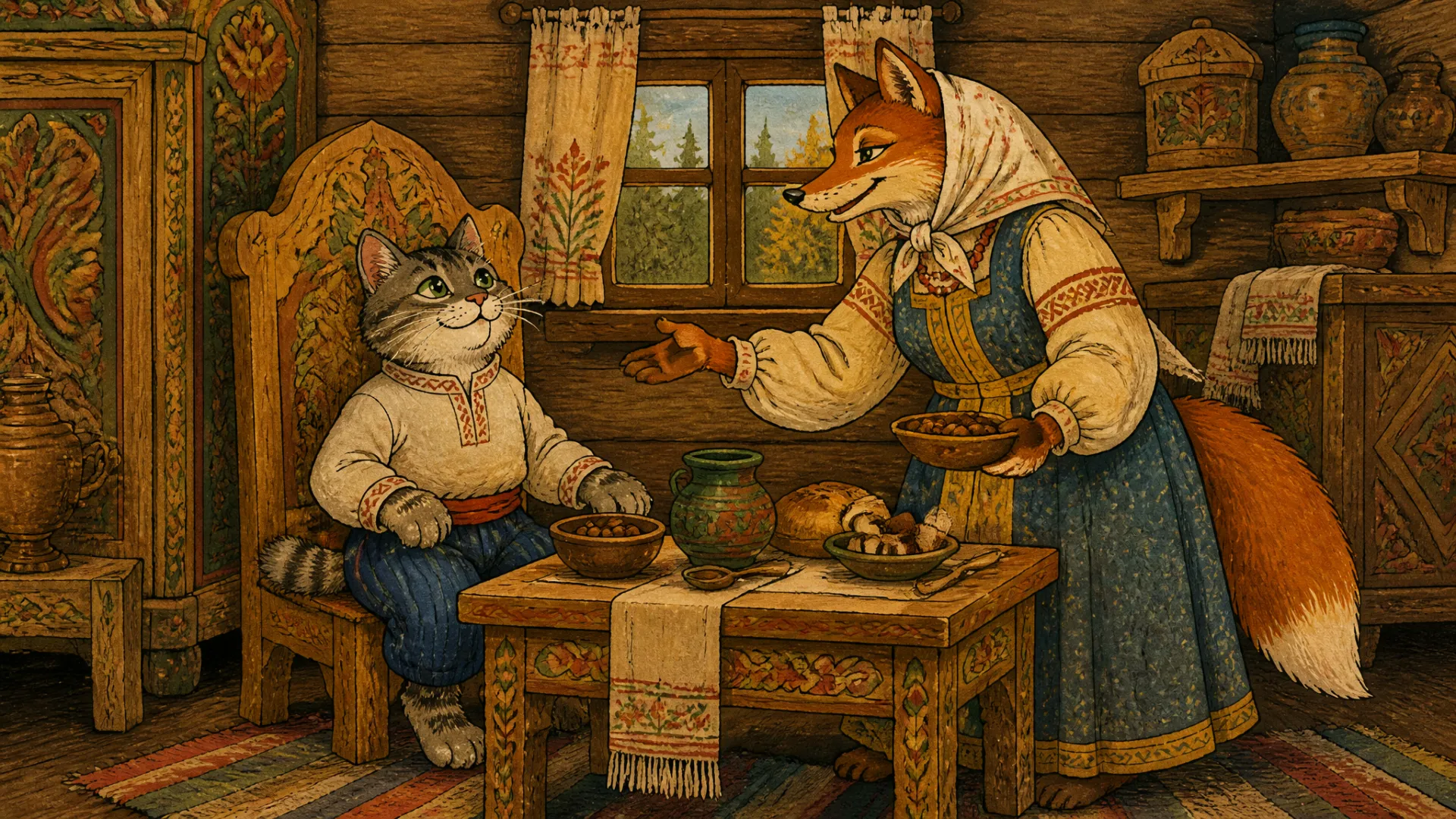 Иллюстрация к сказке «Кот и лиса»: 65.88-79.66s: Пошёл кот к лисе... стала с ним жить.
