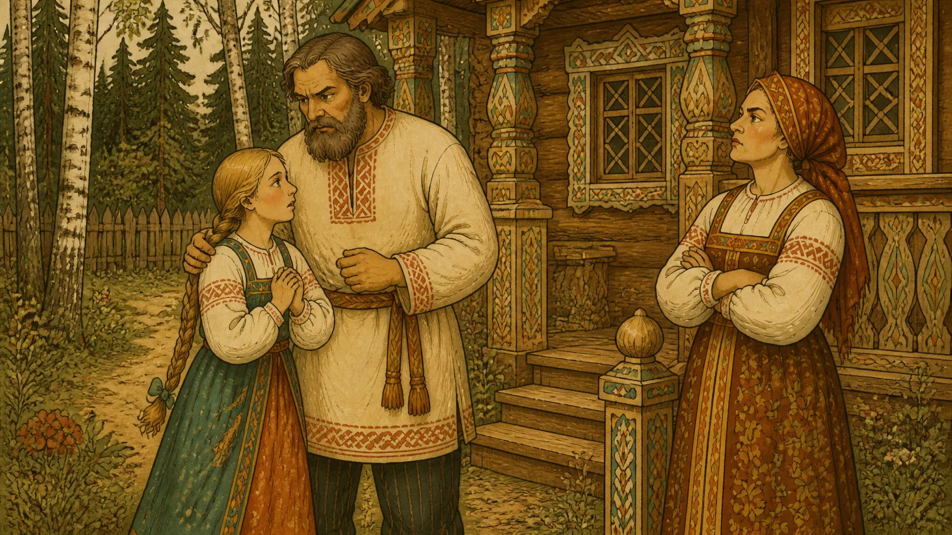 Иллюстрация к сказке «Баба-яга»: Жил мужик с дочкой. Первая жена у него умерла, и женился он на другой.
