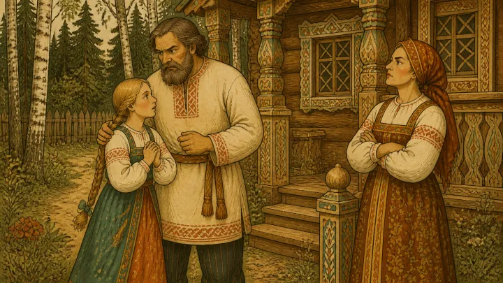 Иллюстрация к сказке «Баба-яга»: Жил мужик с дочкой. Первая жена у него умерла, и женился он на другой.