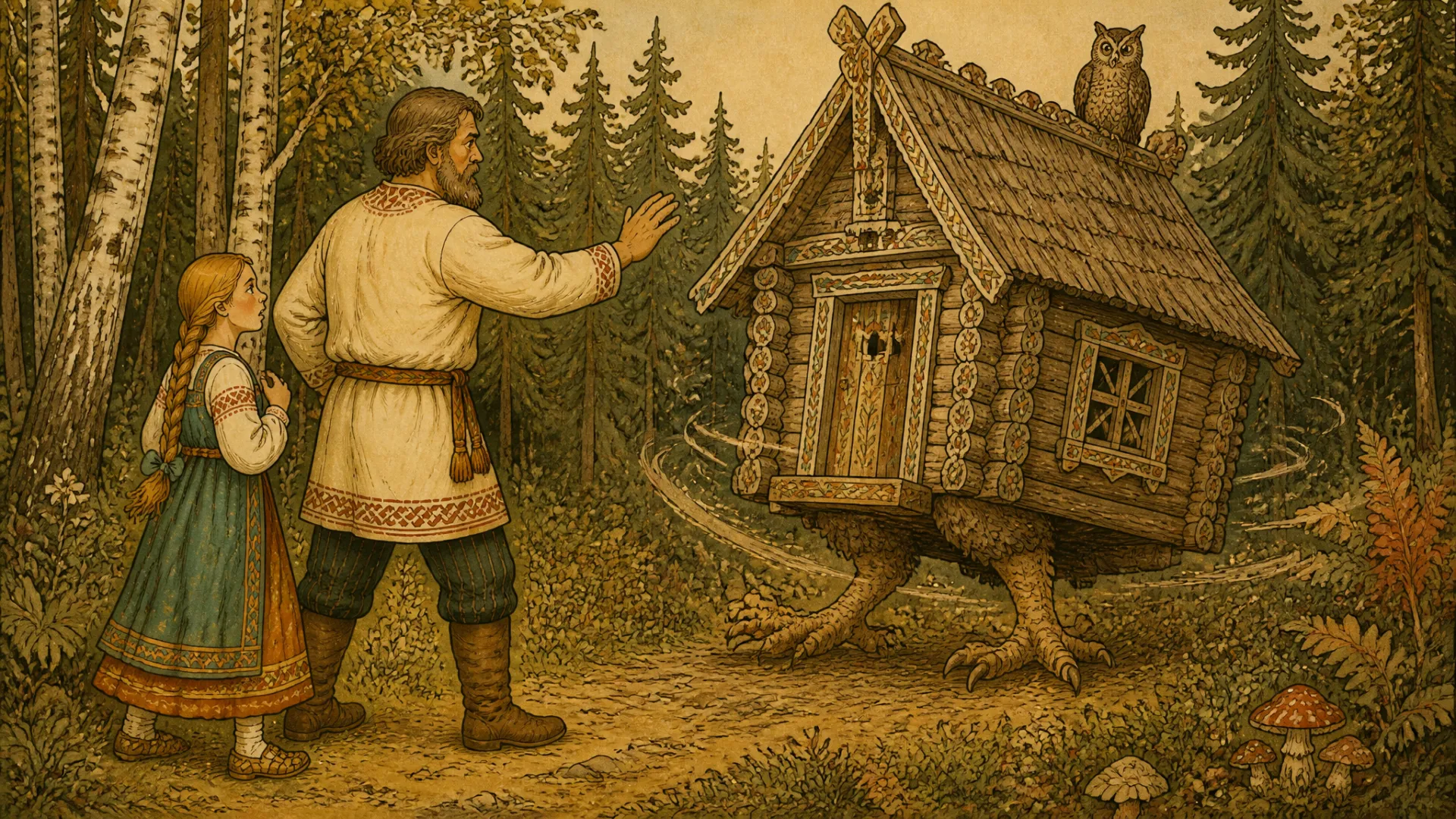 Иллюстрация к сказке «Баба-яга»: — Избушка, избушка, — сказал отец, — стань к лесу задом, ко мне передом. Повернулась избушка.