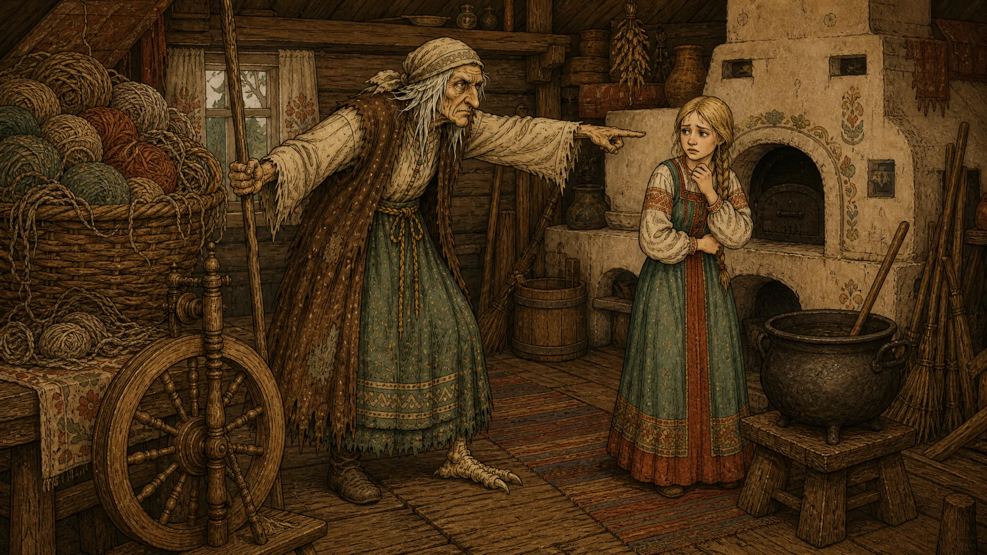 Иллюстрация к сказке «Баба-яга»: А Баба-яга дала ей пряжи целый короб: — Пряди, печь топи, обед готовь.