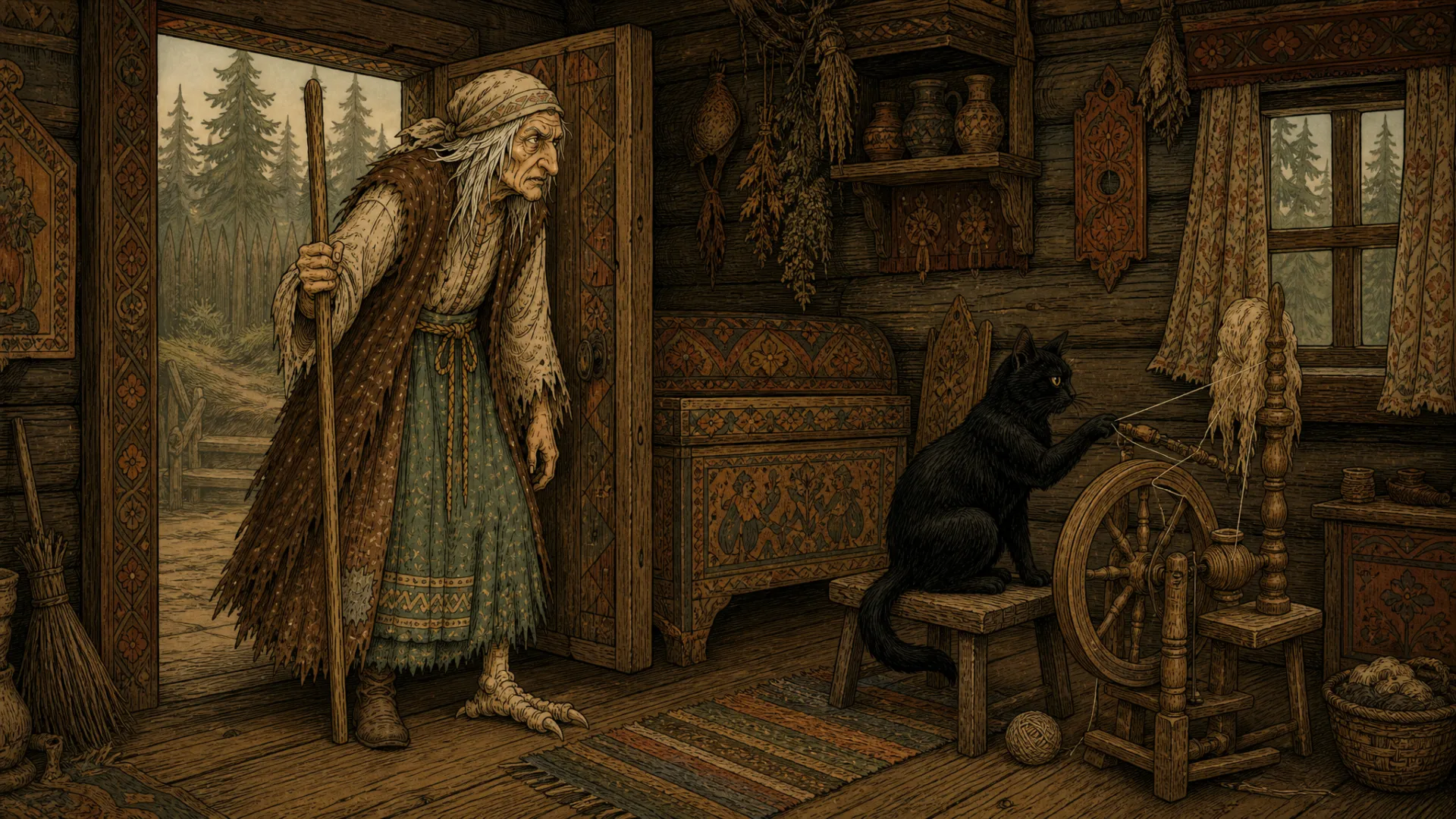 Иллюстрация к сказке «Баба-яга»: Возвращается Баба-яга: — Девка, прядёшь?