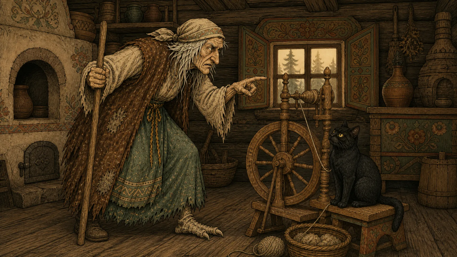 Иллюстрация к сказке «Баба-яга»: — Кот, зачем выпустил?