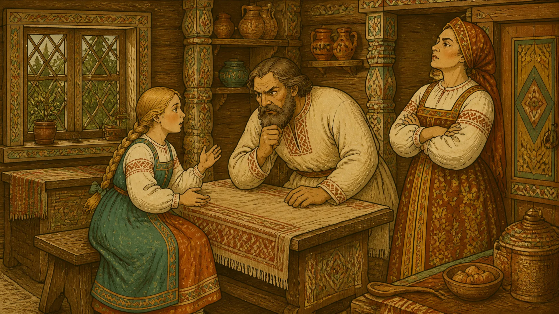 Иллюстрация к сказке «Баба-яга»: Пока Яга спорила, девочка добежала домой. Рассказала отцу всё как было.