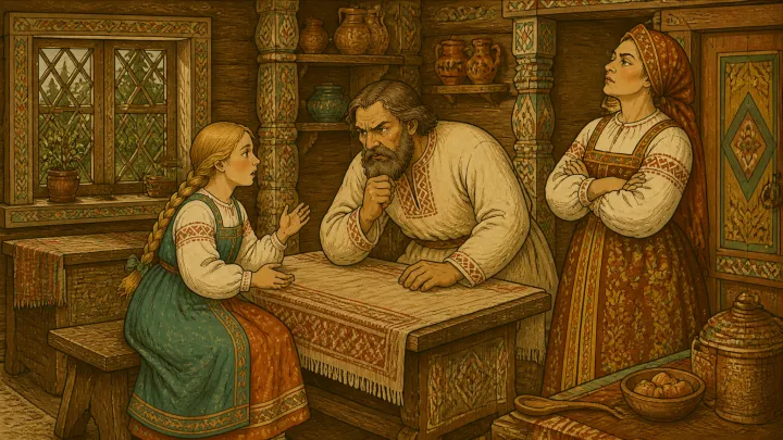 Иллюстрация к сказке «Баба-яга»: Пока Яга спорила, девочка добежала домой. Рассказала отцу всё как было.