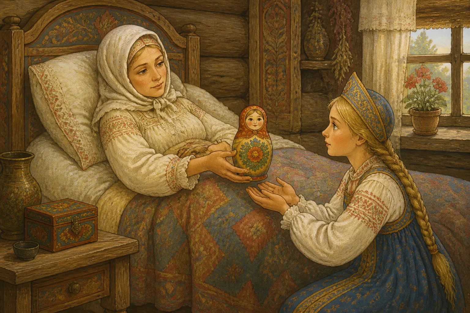 Иллюстрация к сказке «Василиса Прекрасная»: Когда мать её умирала, вынула она из-под одеяла маленькую куколку...