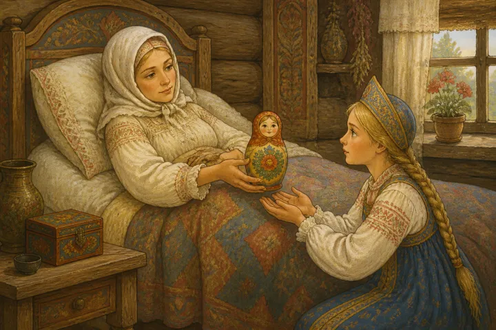 Иллюстрация к сказке «Василиса Прекрасная»: Когда мать её умирала, вынула она из-под одеяла маленькую куколку...